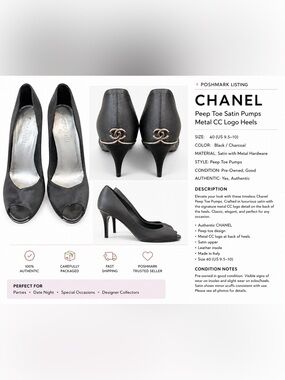 CHANEL Black Satin Peep Toe Pumps with Metal CC Heel Accent